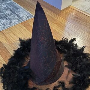 Halloween costume witch hat with shiny orange cobweb design and black feathers